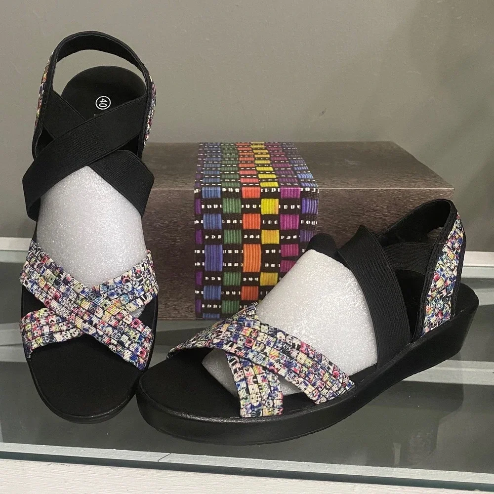 Bernie Mev Lisa Splash Multi Color Woven Elastic Wedge Sandals Women 40 NEW US9